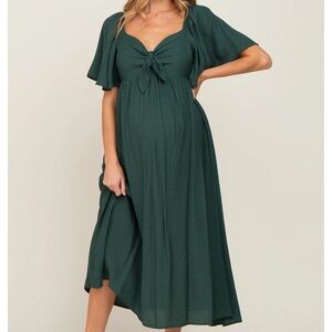 Pink Blush Hunter Green Front Tie Ruffle Sleeve Maternity Midi Dress